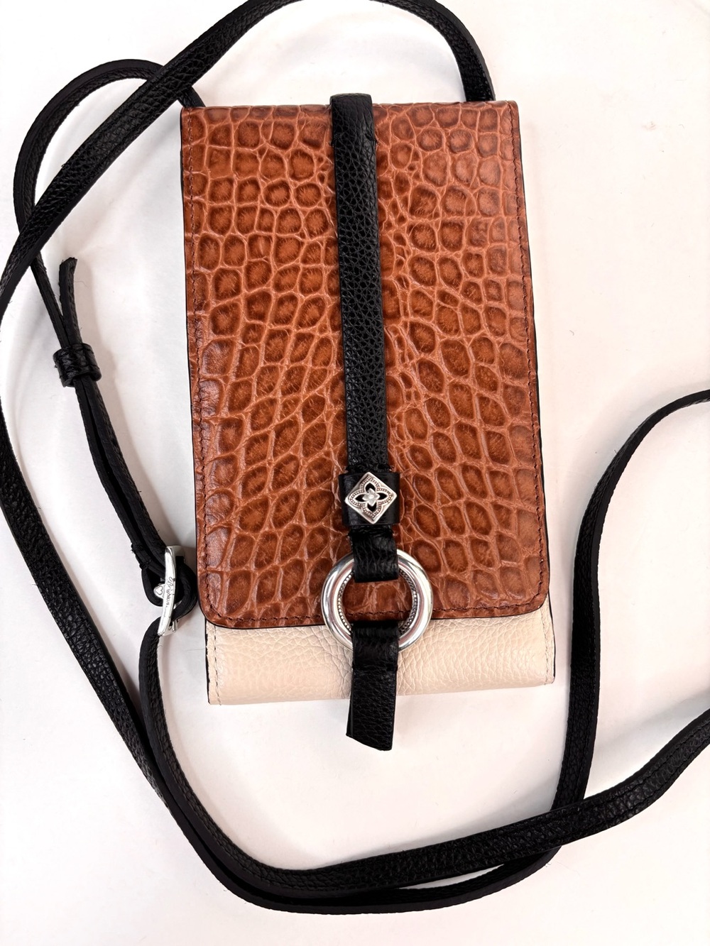Brighton Toledo Brown Croc-Embossed & Cream Leather Crossbody Phone Wallet Bag